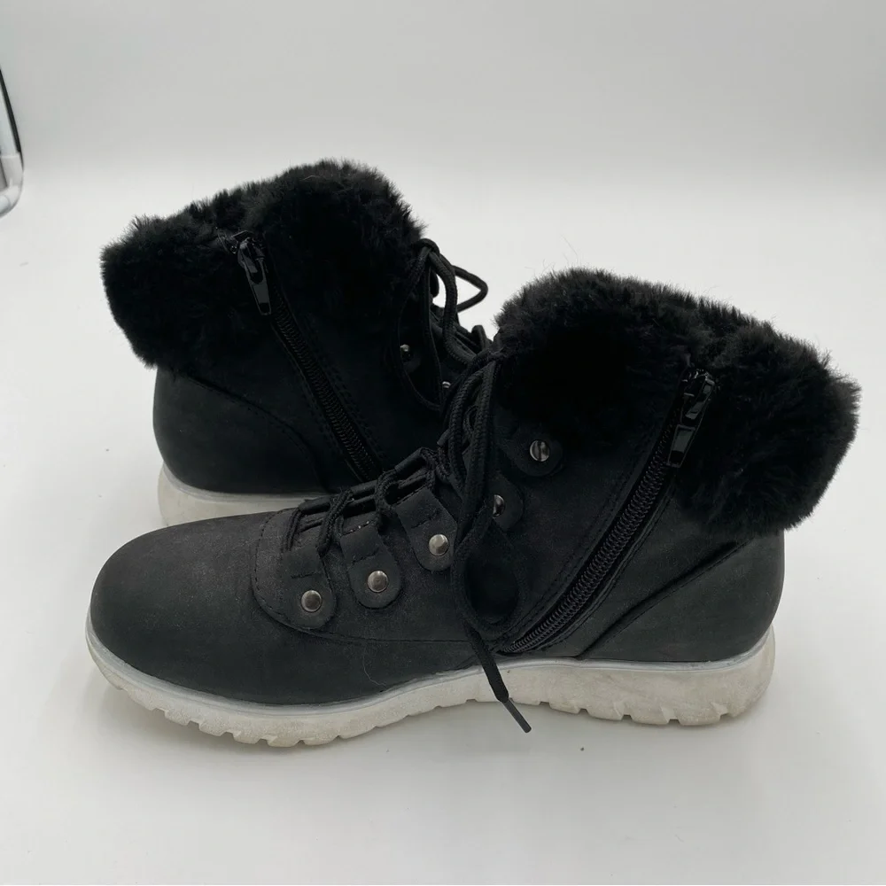 London‎ Fog Faux Fur Trim Full Lace Up Winter Boots Ankle Booties Black Size 6